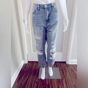 Fashion Nova distressed denim high waist cargo pants.